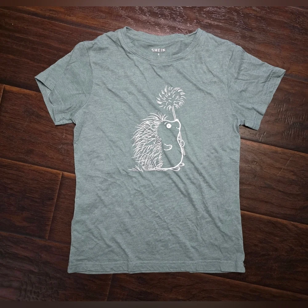 Shein Girls Hedgehog Green Casual Short Sleeve Tee Small